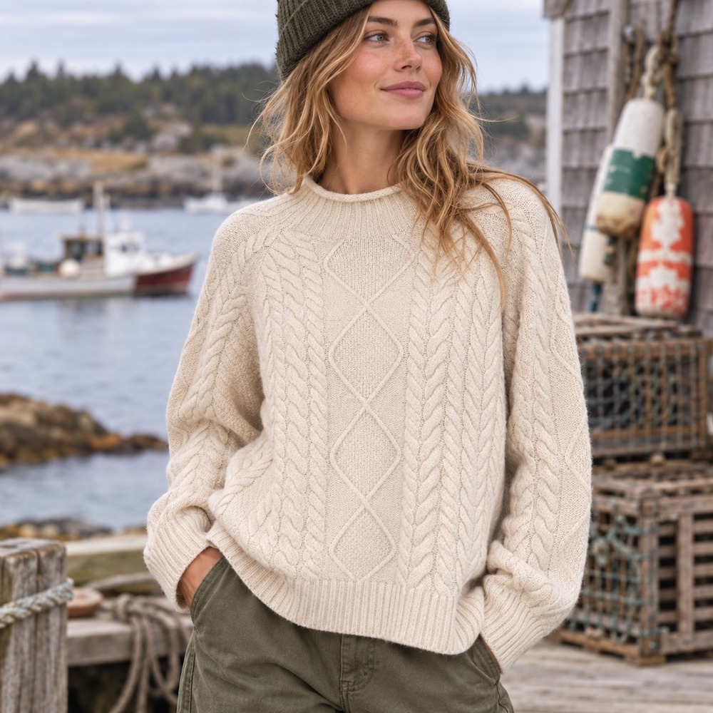 J Crew Womens Merino Wool Alpaca Cable Knit Rollneck Sweater M Cream Fisherman